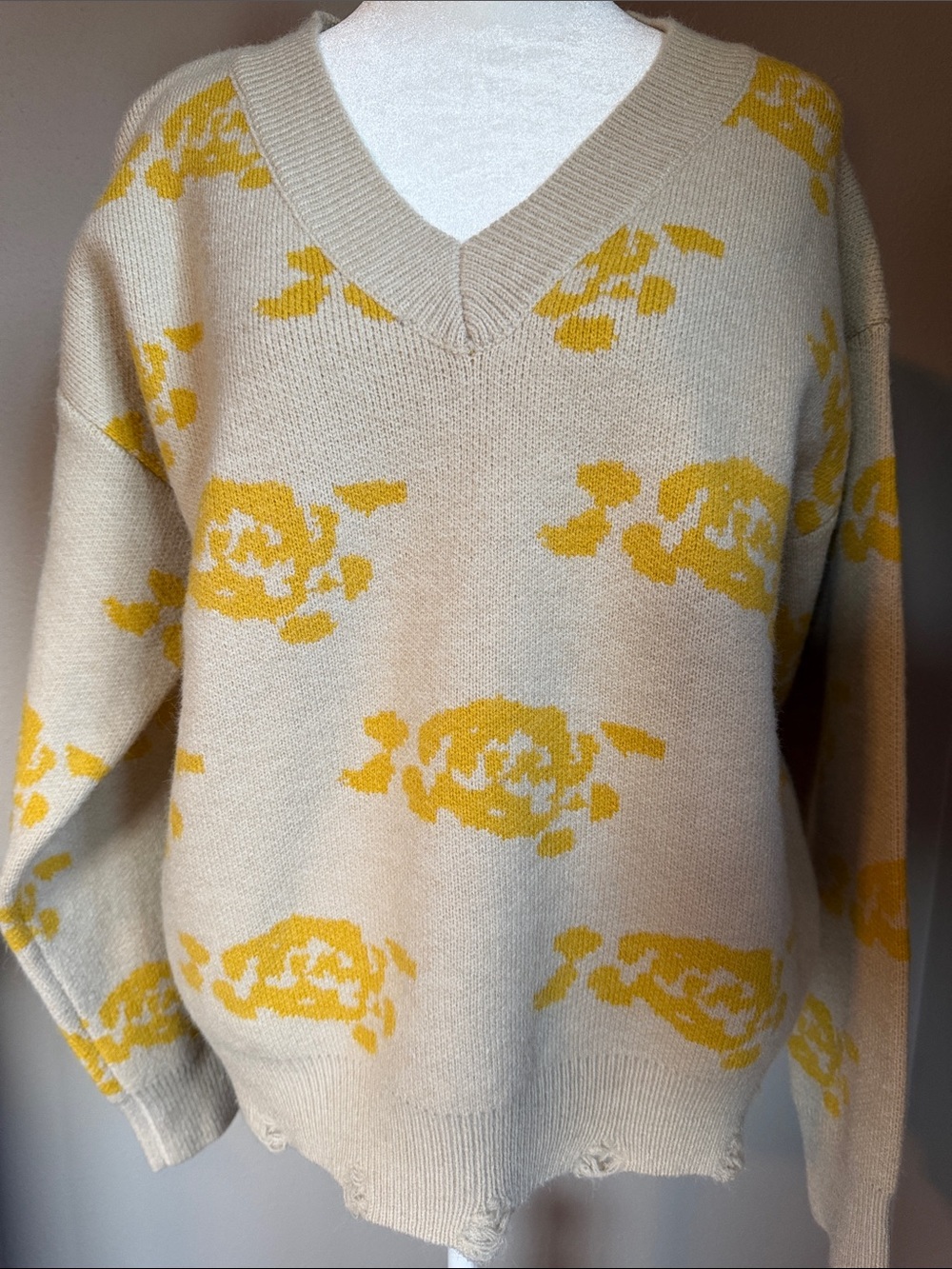 V-Neck Floral Jacquard Sweater in Tan and Yellow